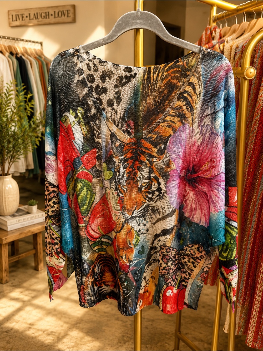 S15. From Italy 🇮🇹 Vibrant Tiger & Floral Print Top in Multicolor